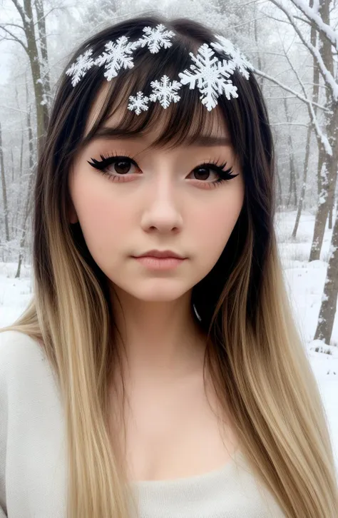 masterpiece, 1girl, ((portrait shot)), black eyes:1.5, nose, blonde hair, two-tone hair, eyeliner, closed mouth, looking at viewer, long hair, sweater, background: snowflakes, snow covered forest, solo, upper body, <lora:Brananaxx:1>