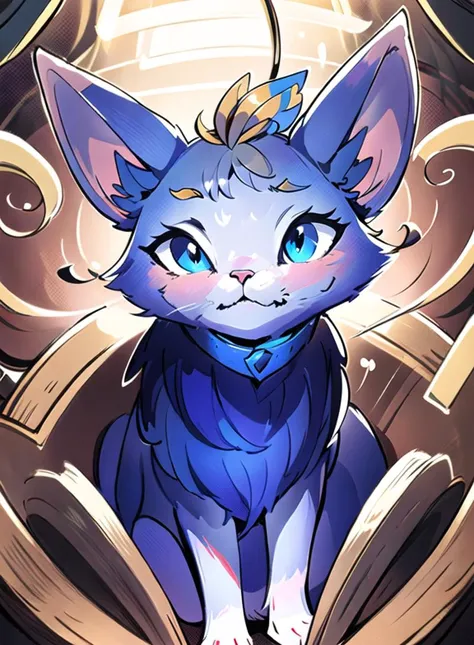 best resolution, best quality, (Masterpiece), extremely detailed face, Original Character, perfect lighting, best colors, colorful, beautiful, flying, (floats in the air), fine detail, ultra high resolution, Yuumi, Yuumi (League of legends), league of legends, cat, 1tail, (1cat), blue eyes, golden collar, chocker, solo, sits on book, blue fur, <lora:nikePregnant:0.8><hypernet:YuumiHyper:1.0>