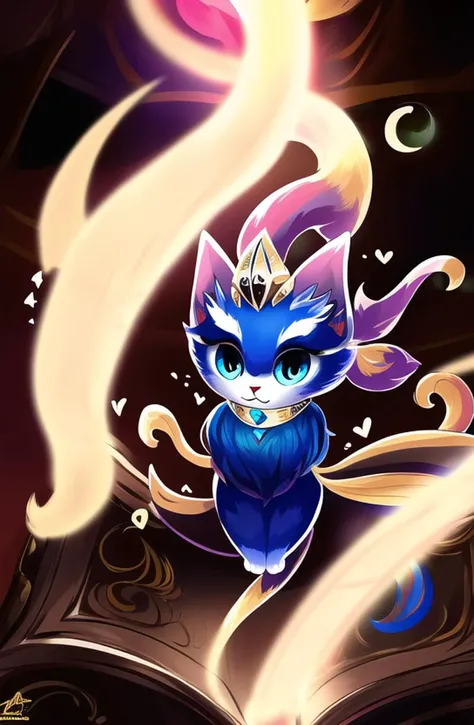 best resolution, best quality, (Masterpiece), extremely detailed face, Original Character, perfect lighting, best colors, colorful, beautiful, flying, (floats in the air), fine detail, ultra high resolution, Yuumi, Yuumi (League of legends), league of legends, cat, 1tail, (1cat), blue eyes, golden collar, chocker, solo, sits on book, blue fur<hypernet:YuumiHyper:1.0>