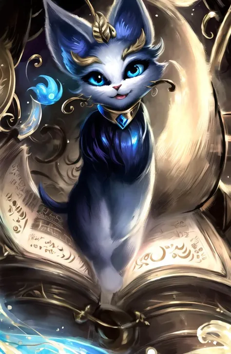 best resolution, best quality, (Masterpiece), extremely detailed face, Original Character, perfect lighting, best colors, colorful, beautiful, flying, (floats in the air), fine detail, ultra high resolution, Yuumi, Yuumi (League of legends), league of legends, cat, 1tail, (1cat), blue eyes, golden collar, chocker, solo, sits on book, blue fur<hypernet:YuumiHyper:1.0>