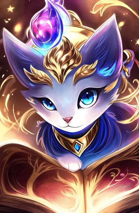 best resolution, best quality, (Masterpiece), extremely detailed face, Original Character, perfect lighting, best colors, colorful, beautiful, flying, (floats in the air), fine detail, ultra high resolution, Yuumi, Yuumi (League of legends), league of legends, cat, 1tail, (1cat), blue eyes, golden collar, chocker, solo, sits on book, blue fur<hypernet:YuumiHyper:1.0>