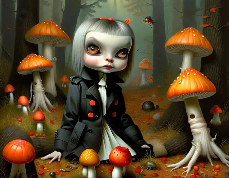<lora:lowbrow_XL:1>, lowbrow, lowbrow-xl, surrealistic, absurd, bizarre, eerie, fanciful, fantastic and ludicrous, concept art, fantasy, autumn orange forest, little elf child, carved pumpkin head, black trench coat, Irish wolfhound, frogs and fly agaric mushrooms on ground