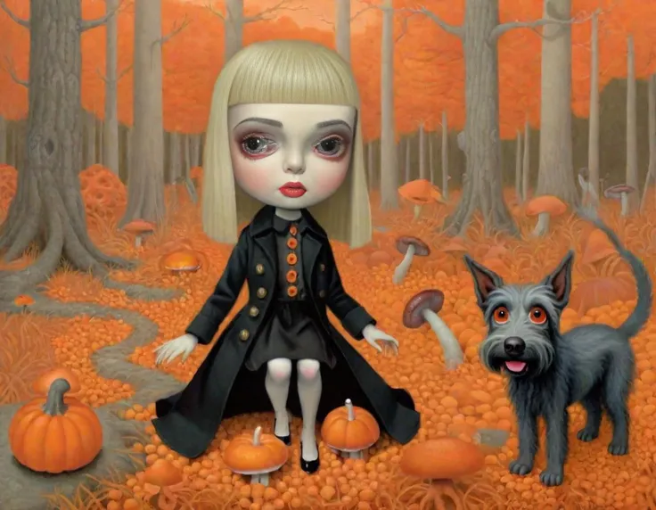 <lora:lowbrow_XL:1>, lowbrow, lowbrow-xl, surrealistic, absurd, bizarre, eerie, fanciful, fantastic and ludicrous, concept art, fantasy, autumn orange forest, little elf child, carved pumpkin head, black trench coat, Irish wolfhound, frogs and fly agaric mushrooms on ground