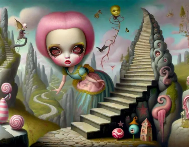 stone steps fantasy landscape lowbrow_lora in the style of <lora:lowbrow_lora:1>