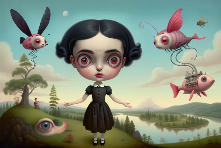 A young Satanichia Karimizhi, With her enormous complacent eyes she looks very attentively at the ants that come out of the tea cups that have geometrically impossible shapes., everything as if it were a Tim Burton dream.
