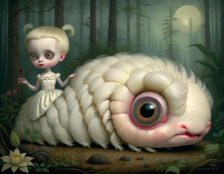 <lora:lowbrow_XL:1>, lowbrow, lowbrow-xl, surrealistic, absurd, bizarre, eerie, fanciful, fantastic and ludicrous, furry albino caterpillar