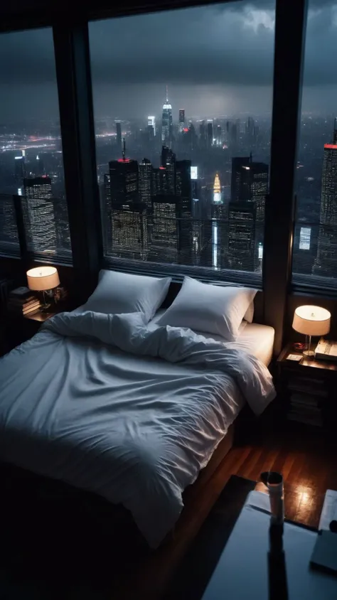 moody aesthetic, beautiful cozy, cramped bedroom with floor to ceiling glass windows overlooking a cyberpunk city at night, view from top of skyscraper, white bedsheets, bookshelves, thunderstorm outside with torrential rain, detailed, high resolution, photorealistic, dark, gloomy