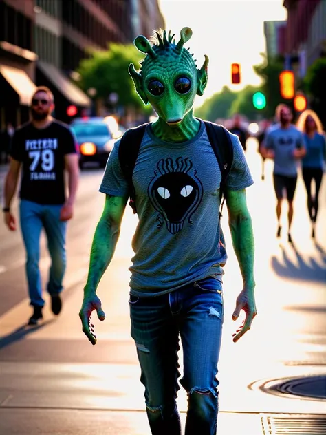 rodian alien,in a tshirt,jeans,walking on a city street,dynamic, masterpiece, best quality, soft light, bokeh, real shadow, cinematic, subsurface scuttering<lora:RodianXL:0.8>