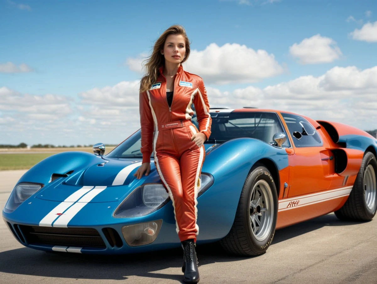 nordic young woman woman, athletic,
at race track, wearing race car driver outfit, leaning against gt40 mkii, blue sky, clouds,
high fashion photography by Herb Ritts,
BREAK
natural light, 4k, uhd, (film grain, bokeh, shallow depth of field, sharp focus, full sharp, vignette:1),
(cinematic film stock footage style, magazine cover), dutch angle, shot with arri alexa mini, subsurface scattering, f2, 35mm,
(miniature effect, expired film, warm tones, analog, light leaks, vintage photography, selective focus, highly detailed, vibrant, perspective control, tilt shift),
golden mean, rule of thirds, (symmetry), (maximalism, hyper detailed, highly detailed, volumetrics)
BREAK
(skin details, skin texture, pores),
detailed eyes, perfect eyes, detailed lips, detailed nose, detailed face, detailed hands, detailed fingers, perfect fingers, detailed fingernails
<lora:add-detail-xl:1>
<lora:xl_more_art-full_v1:0.5>
<lora:epi_noiseoffset2:0.5> <lora:GT40MKII_SDXL_v01:1>
