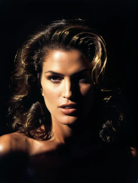 RAW photo, studio portrait of Cindy Crawford by Herb Ritts, (head:1.7), (low key photo: 1.9), B&W, (black studio background:1.8), flash back light draws the silhouette, dark shadows, (emerging from shadow: 1.9), (photorealistic, realistic:1.5), dark mood, chiaroscuro lighting, dark tones, 8k uhd, dslr, cinematic lighting, high quality, film grain, Canon R6, f7
<lora:add-detail-xl:1> <lora:xl_more_art-full_v1:1> <lora:CindyC_SDXL_v1_AA1-000048:0.8>