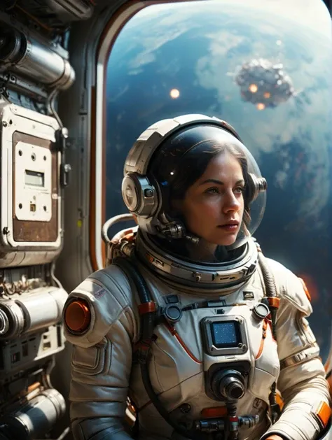 kylie, Horror-themed, nostromostyleai, wearing retro-futuristic space suit,
(outside space station, repairing exterior, floating in space, solitude, loneliness, space walk:1.2), solar panels, hatch door, escape pod, nebula, millions of stars, satellite,
(solo, full body:1.3), (looking away:1.2), (haze, fog, mist:1.2), chiaroscuro, AnalogRedmAF Colorful stunningly beautiful woman, stunningly rapturously gorgeous : Black ink flow: 8k resolution photorealistic masterpiece: by Aaron Horkey and Jeremy Mann: intricately detailed fluid gouache painting
BREAK
finely detailed skin, sharp focus, (cinematic lighting), collarbone, night, soft lighting, dynamic angle, (detailed face:1.2),
Eerie, unsettling, dark, spooky, suspenseful, grim, highly detailed, (skin details, skin texture, pores) 4k, uhd,
(film grain, bokeh, shallow depth of field, sharp focus, full sharp, vignette:1), rule of thirds, (hyper detailed, highly detailed, volumetrics)
BREAK
shot with arri alexa mini, (miniature effect, expired film, warm tones, analog, light leaks, vintage photography, selective focus, highly detailed, vibrant, perspective control, tilt shift), subsurface scattering, f2, 35mm, detailed eyes, perfect eyes, detailed lips, detailed nose, detailed face, detailed hands, detailed fingers, perfect fingers, detailed fingernails, detailed clothing and accessories
<lora:add-detail-xl:1>
<lora:xl_more_art-full_v1:0.5>
<lora:AnalogRedmondV2-Analog-AnalogRedmAF:0.1>
<lora:Kylie_SDXL_v1b_Platypus:1> <lora:NostromoStyleAIv2:0.8>