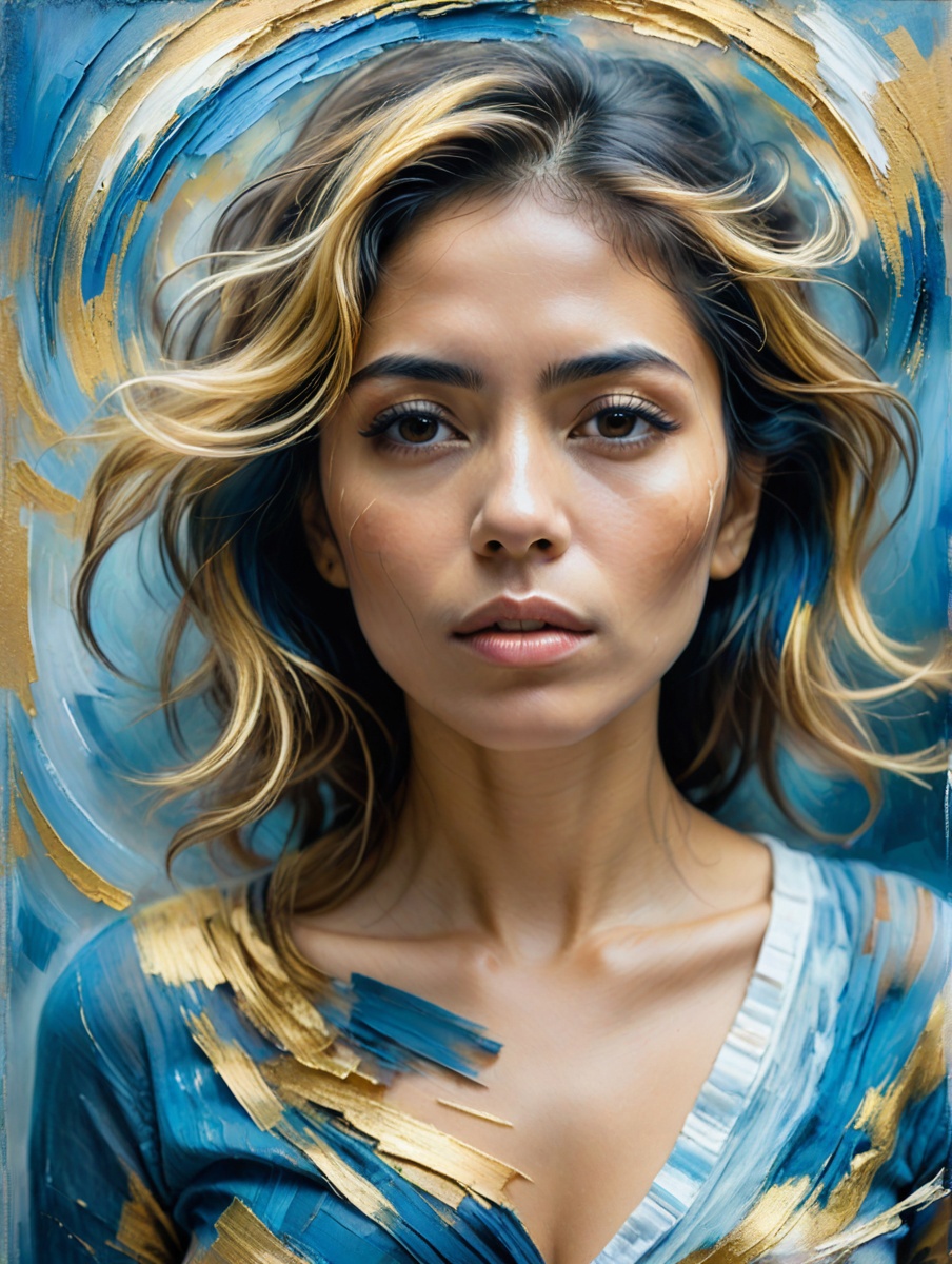 A painting of a woman with a blue dress and gold hair - SeaArt AI