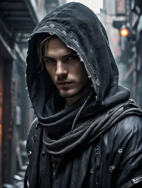 ultra-realistic photo of a male android in a cyberpunk alleyway, mysterious scar, cybernetic glowing eye,
from the side, wearing torn hooded asymmetrical poncho, bandana, ammo belt,
dense mist,
The focus should be on achieving high levels of detail in his features, such as the texture of his skin, the shine in his hair, and the clarity in his eyes
 <lora:PhotoDetailXL:1>
 <lora:fix_hands:2>