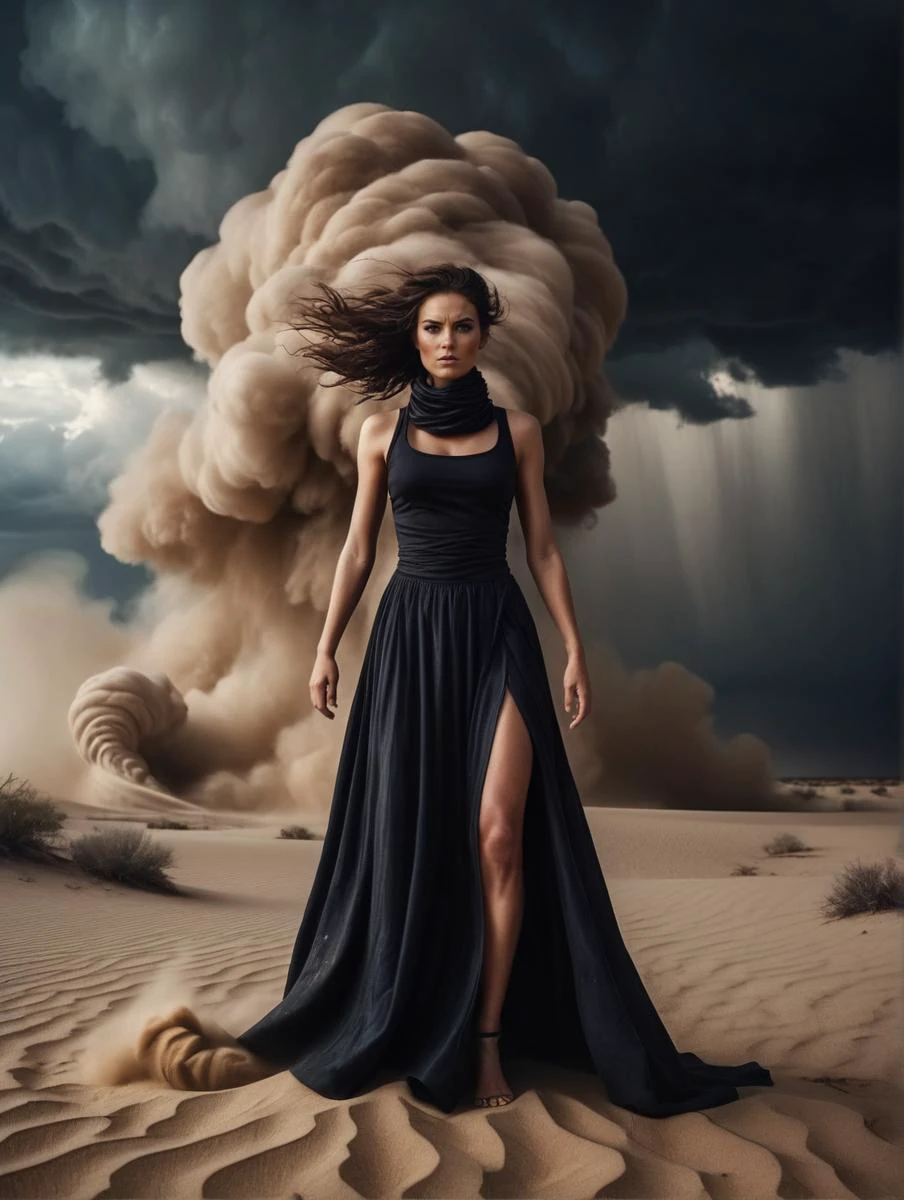 violent (tornado woman:1.2) wearing full body swirling (funnel cloud:1.2) of sand,
magical, surreal, horror, dramatic|athletic pose, in a desert,
high fashion photo, mid shot photo,
<lora:TAT_v2_SDXLBase:1>
<lora:fix_hands:1>