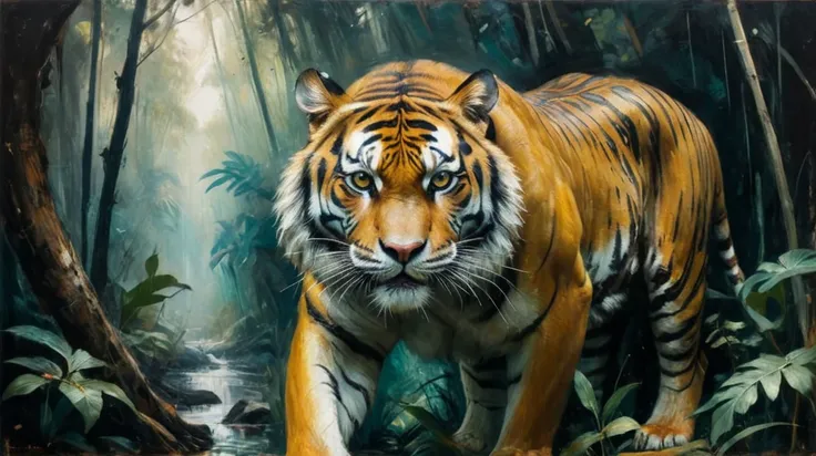 by Malcolm Liepke, a tiger stalking prey in jungle, (dangerous, mysterious, powerful, extremely beautiful:1.4), (intricate details, masterpiece, best quality:1.4) , in the style of nicola samori, Astral Aura, astral, colorful aura, vibrant energy, looking at viewer <lora:epi_noiseoffset2:0.5> <lora:add-detail-xl:1> <lora:xl_more_art-full_v1:0.5> <lora:NicolaSamori:0.7>