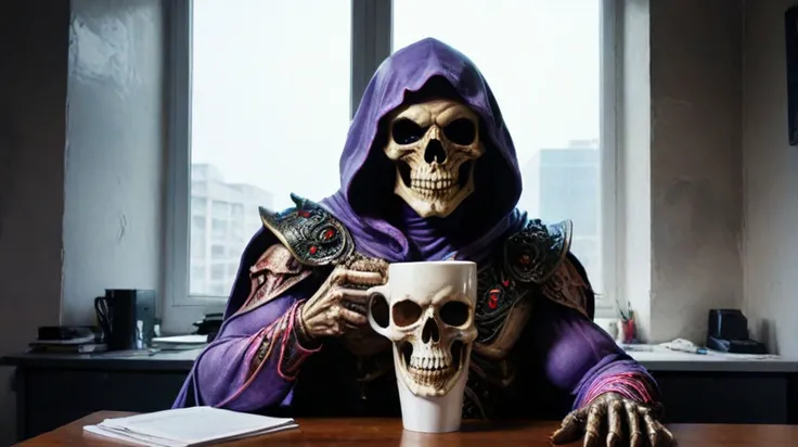 by Tony Bennett, (skeletor) in a boring office, looming, (staring out window:1.2), holding a coffee mug, desk, (dangerous, mysterious, powerful, extremely beautiful:1.4), (intricate details, masterpiece, best quality:1.4) , in the style of nicola samori, Astral Aura, astral, colorful aura, vibrant energy, looking at viewer <lora:epi_noiseoffset2:0.5> <lora:add-detail-xl:1> <lora:xl_more_art-full_v1:0.5><lora:Dark Art Style NicolaSamori:0.7><lora:LCM&TurboMix:1.0>