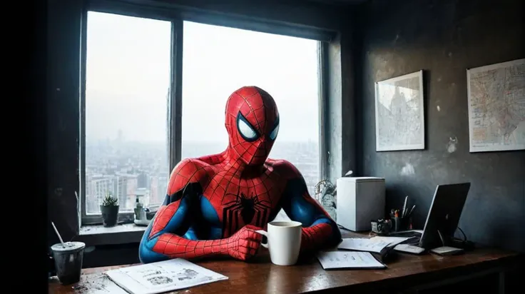 by Ippolito Caffi, (spiderman) in a boring office, looming, (staring out window:1.2), holding a coffee mug, desk, (dangerous, mysterious, powerful, extremely beautiful:1.4), (intricate details, masterpiece, best quality:1.4) , in the style of nicola samori, Astral Aura, astral, colorful aura, vibrant energy, looking at viewer <lora:epi_noiseoffset2:0.5> <lora:add-detail-xl:1> <lora:xl_more_art-full_v1:0.5><lora:Dark Art Style NicolaSamori:0.7><lora:LCM&TurboMix:1.0>