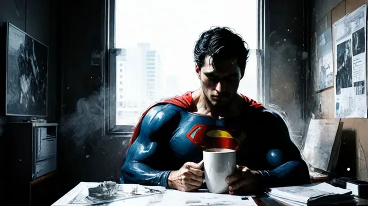 by Yoji Shinkawa, (superman) in a boring office, looming, (staring out window:1.2), holding a coffee mug, desk, (dangerous, mysterious, powerful, extremely beautiful:1.4), (intricate details, masterpiece, best quality:1.4) , in the style of nicola samori, Astral Aura, astral, colorful aura, vibrant energy, looking at viewer <lora:epi_noiseoffset2:0.5> <lora:add-detail-xl:1> <lora:xl_more_art-full_v1:0.5><lora:Dark Art Style NicolaSamori:0.7><lora:LCM&TurboMix:1.0>