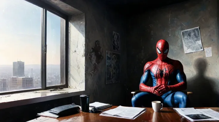 by Clayton Crain, (spiderman) in a boring office, looming, (staring out window:1.2), holding a coffee mug, desk, (dangerous, mysterious, powerful, extremely beautiful:1.4), (intricate details, masterpiece, best quality:1.4) , in the style of nicola samori, Astral Aura, astral, colorful aura, vibrant energy, looking at viewer <lora:epi_noiseoffset2:0.5> <lora:add-detail-xl:1> <lora:xl_more_art-full_v1:0.5><lora:Dark Art Style NicolaSamori:0.7><lora:LCM&TurboMix:1.0>