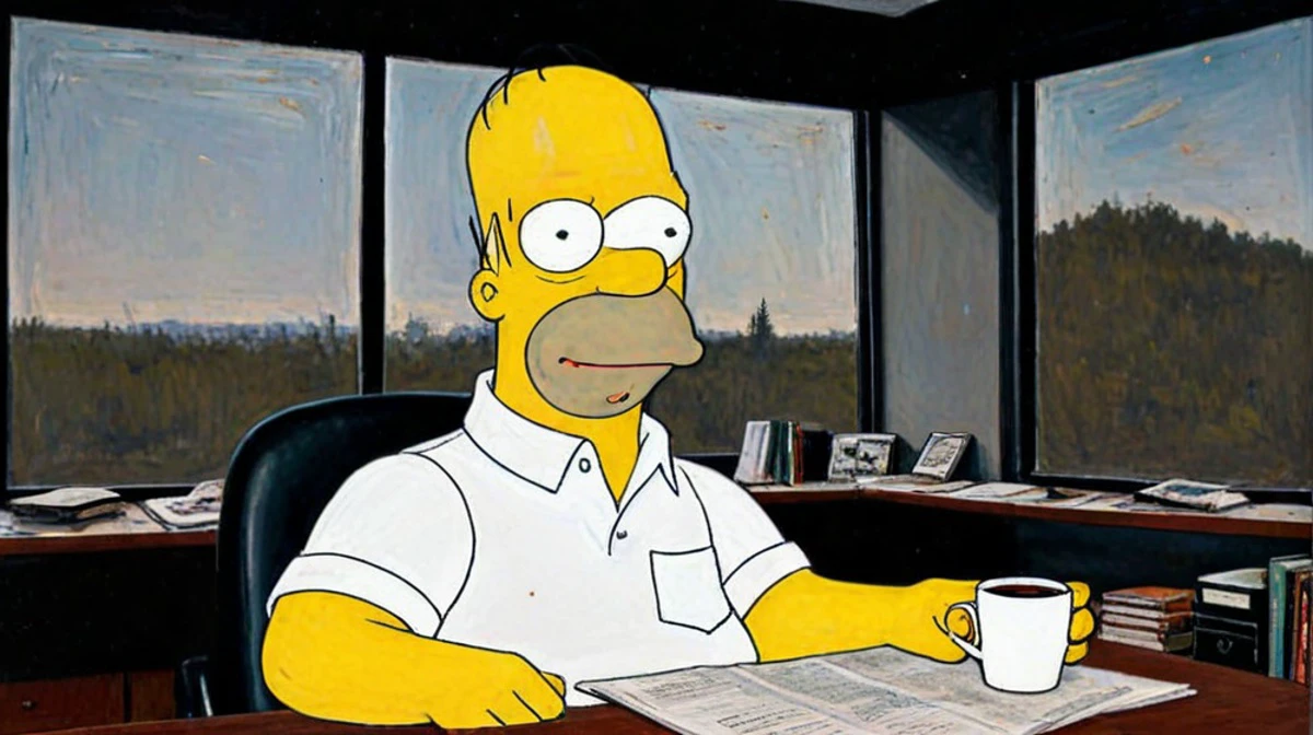 by Ben Shahn, (homer simpson) in a boring office, looming, (staring out window:1.2), holding a coffee mug, desk, (dangerous, mysterious, powerful, extremely beautiful:1.4), (intricate details, masterpiece, best quality:1.4) , in the style of nicola samori, Astral Aura, astral, colorful aura, vibrant energy, looking at viewer <lora:epi_noiseoffset2:0.5> <lora:add-detail-xl:1> <lora:xl_more_art-full_v1:0.5><lora:Dark Art Style NicolaSamori:0.7><lora:LCM&TurboMix:1.0>