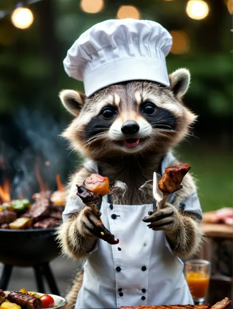 a highly detailed picture of a raccoon wearing a chefs hat, hosting a BBQ, bokeh gaurden backdrop, cinematic, fujifilm, colorful
 detailed eyes, perfect eyes, detailed lips, detailed nose, detailed face, detailed hands, detailed fingers, perfect fingers, 4k, uhd,
<lora:add-detail-xl:1>
 <lora:xl_more_art-full_v1:1>