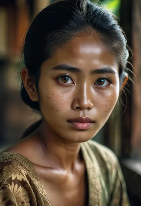 RAW Photography, a beautiful Balinese woman, highly detailed skin with visible pores, melancholic hues, beautiful quiescence projecting eyes, masterpiece, 8k, hdr, 35mm photograph, analog film, kodachrome