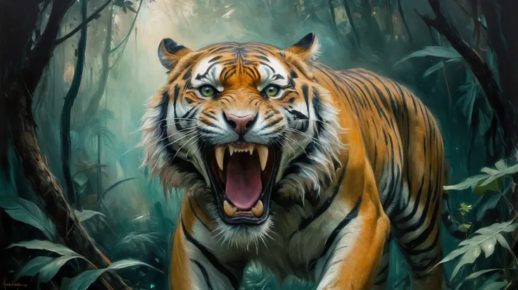 by Malcolm Liepke, a tiger, roaring, stalking prey in jungle, (dangerous, mysterious, powerful, extremely beautiful:1.4), (intricate details, masterpiece, best quality:1.4) , in the style of nicola samori, Astral Aura, astral, colorful aura, vibrant energy, looking at viewer <lora:epi_noiseoffset2:0.5> <lora:add-detail-xl:1> <lora:xl_more_art-full_v1:0.5> <lora:NicolaSamori:0.7>