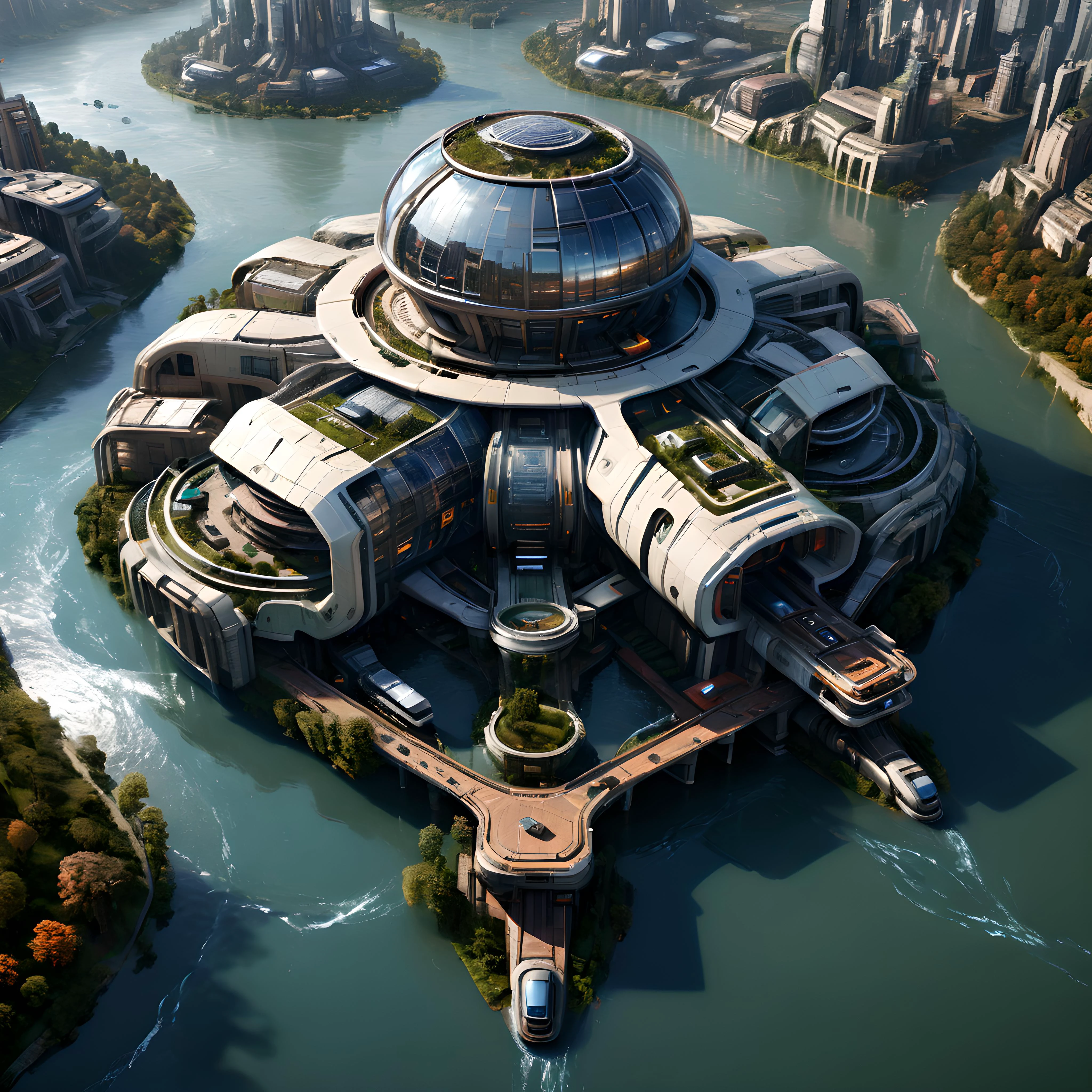 a futuristic city in the middle of a river, cg society contest winner, digital art, dome, large futuristic residence, beautifully detailed render, orbital station, futuristic concept design, ancient futuristic, isometric futuristic building, rounded architecture, fantastically detailed, 8 k,hdr,ray tracing,nostromostyleai, <lora:NostromoStyleAIv2:1> <lora:add-detail-xl:0.5> <lora:xl_more_art-full_v1:0.5>