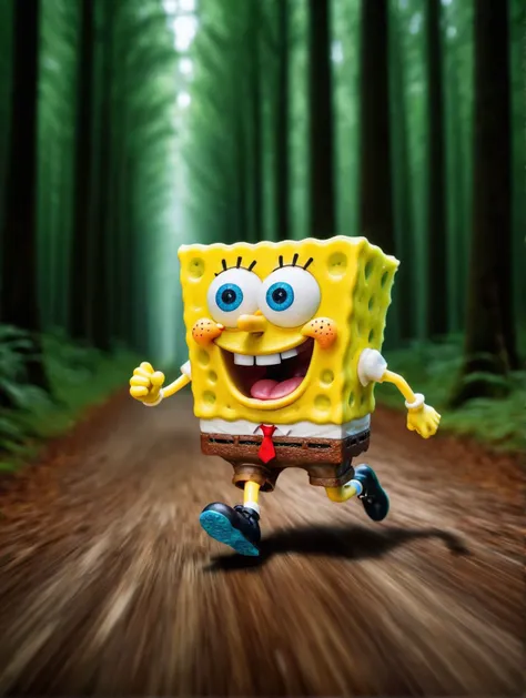 mid shot photo of a spongebob squarepants running in a forest, motion blur lines