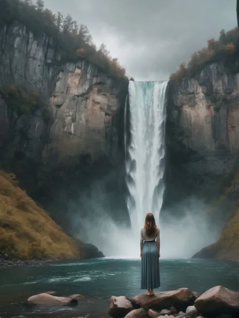 Beneath a towering cliff,a woman stands with a cascading waterfall behind her. The weather is overcast,casting the scene in a palette of cool,subdued colors. The water's roar contrasts with the gentle,soft composition of the scene,creating a sense of harmony between nature's power and tranquility. The woman's presence adds a contemplative,serene quality to the landscape,as she gazes into the distance under the cloudy sky.