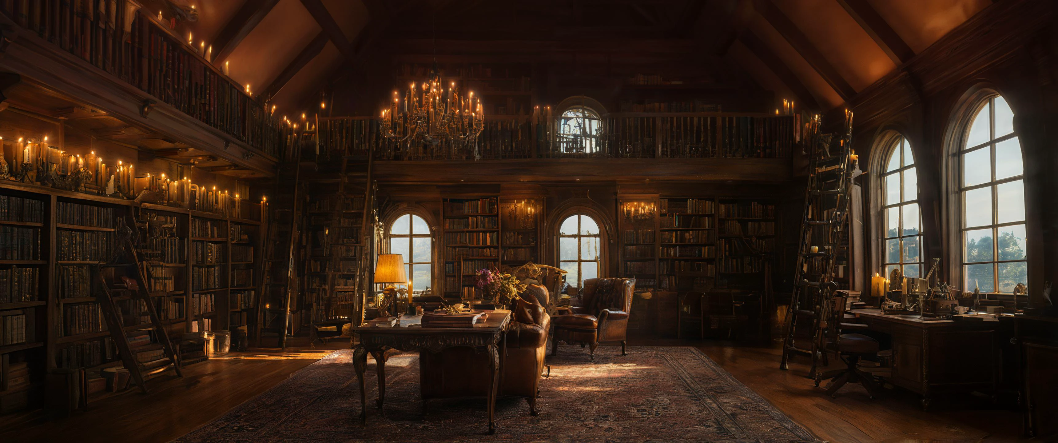 HDR photo of masterpiece,8k,(brightly lit with candles and sunlight:1.3),luxurious private library with vaulted ceilings made of polished wood filled with countless books and ladders for high shelves,comfortable leather reading chair by a window with sunlight streaming in,golden hour,elaborate,detailed,<lora:add-detail-xl:1.7>, . High dynamic range, vivid, rich details, clear shadows and highlights, realistic, intense, enhanced contrast, highly detailed