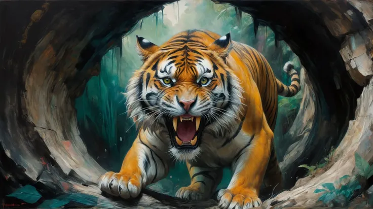 by Malcolm Liepke, a tiger, roaring, stalking prey emerging from cave, jungle, (dangerous, mysterious, powerful, extremely beautiful:1.4), (intricate details, masterpiece, best quality:1.4) , in the style of nicola samori, Astral Aura, astral, colorful aura, vibrant energy, looking at viewer <lora:epi_noiseoffset2:0.5> <lora:add-detail-xl:1> <lora:xl_more_art-full_v1:0.5> <lora:NicolaSamori:0.7>