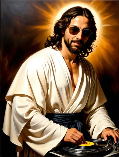 Intimate (oil painting:1.2), inspired by Caravaggio and El Greco BREAK (Jesus Christ as a DJ:1.3), grin, sunglasses, (robe:1.2), party, confidence, (Soft glow:1.2) BREAK (Ethereal presence:1.2),(Subtle radiance:1.2),(Seraphic companions:1.3) BREAK Muted surroundings, Sacred atmosphere, Executed with masterful strokes, Rich chiaroscuro, Evocative emotion
<lora:add-detail-xl:1>
<lora:xl_more_art-full_v1:0.5>
<lora:epi_noiseoffset2:0.5>