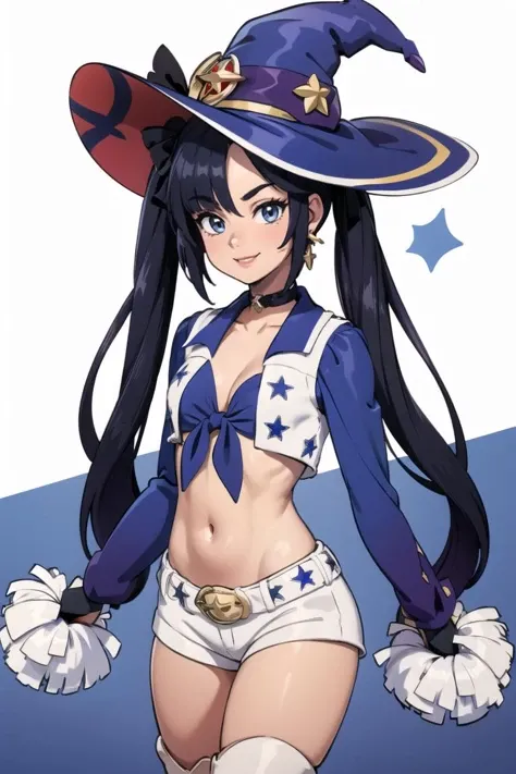 <lora:Dallas_Cowboys_Cheerleaders_Anime:0.5>, Dallas_Cowboys_Cheerleaders, 1girl, solo, shorts, midriff, short shorts, navel, white shorts, tied shirt, front-tie top, crop top, boots, belt, cheerleader, vest, earrings, jewelry, gloves, white footwear,((masterpiece,best quality)), absurdres, <lora:mona_v1:0.7>, aamona, long hair, twintails, hair ornament, black ribbon, earrings, witch hat, purple headwear, choker, cowboy shot, smile,