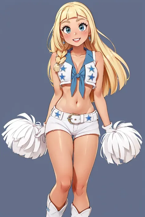 <lora:Puppypaww_Style:0.8>, <lora:Dallas_Cowboys_Cheerleaders_Anime:0.5>, Dallas_Cowboys_Cheerleaders, 1girl, solo, shorts, midriff, short shorts, navel, white shorts, tied shirt, front-tie top, crop top, boots, belt, cheerleader, vest, earrings, jewelry, gloves, white footwear,((masterpiece,best quality)), aalillie, long hair, braid, <lora:lillie_(pokemon)_v1:0.7>, smile, cowboy shot