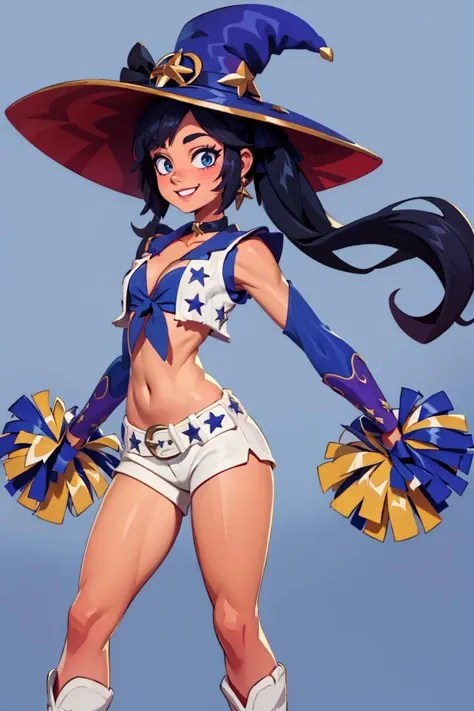 <lora:Iota_v3:0.8>, <lora:Dallas_Cowboys_Cheerleaders_Anime:0.5>, Dallas_Cowboys_Cheerleaders, 1girl, solo, shorts, midriff, short shorts, navel, white shorts, tied shirt, front-tie top, crop top, boots, belt, cheerleader, vest, earrings, jewelry, gloves, white footwear,((masterpiece,best quality)), absurdres, <lora:mona_v1:0.7>, aamona, long hair, twintails, hair ornament, black ribbon, earrings, witch hat, purple headwear, choker, cowboy shot, smile,