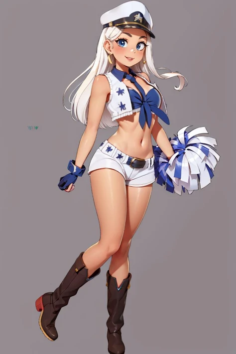 <lora:Puppypaww_Style:0.8>, <lora:Dallas_Cowboys_Cheerleaders_Anime:0.5>, Dallas_Cowboys_Cheerleaders, 1girl, solo, shorts, midriff, short shorts, navel, white shorts, tied shirt, front-tie top, crop top, boots, belt, cheerleader, vest, earrings, jewelry, gloves, white footwear,((masterpiece,best quality)), aaenter, long hair, hat, white headwear, large breasts, <lora:enterprise_v1:0.7>, cowboy shot, standing, smile,an in backgroun
