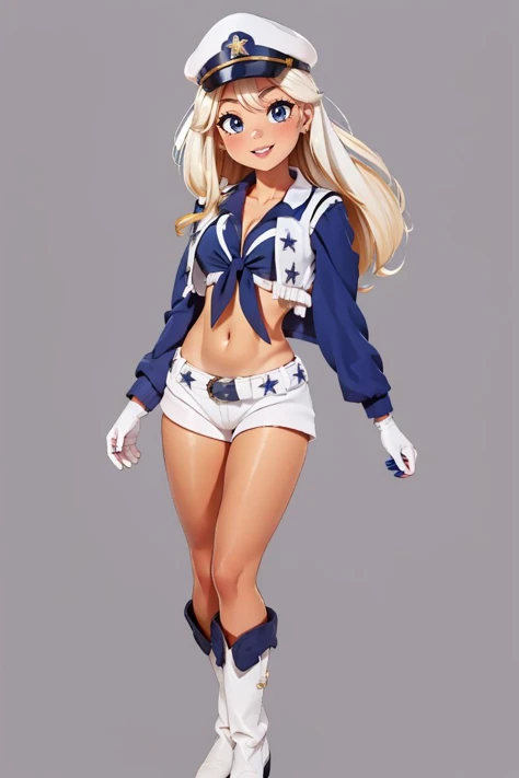 <lora:Puppypaww_Style:0.8>, <lora:Dallas_Cowboys_Cheerleaders_Anime:0.6>, Dallas_Cowboys_Cheerleaders, 1girl, solo, shorts, midriff, short shorts, navel, white shorts, tied shirt, front-tie top, crop top, boots, belt, cheerleader, vest, earrings, jewelry, gloves, white footwear,((masterpiece,best quality)), aaenter, long hair, hat, white headwear, large breasts, <lora:enterprise_v1:0.7>, cowboy shot, standing, smile,an in backgroun