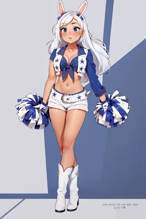 <lora:Puppypaww_Style:0.8>, <lora:Dallas_Cowboys_Cheerleaders_Anime:0.6>, Dallas_Cowboys_Cheerleaders, 1girl, solo, shorts, midriff, short shorts, navel, white shorts, tied shirt, front-tie top, crop top, boots, belt, cheerleader, vest, earrings, jewelry, gloves, white footwear,((masterpiece,best quality)), aalaffey, long hair, collarbone, <lora:laffey_(azur_lane)_v1:0.7>