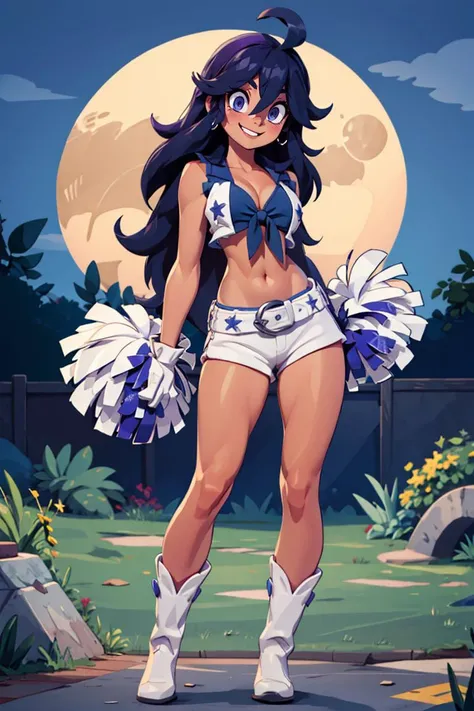 <lora:Iota_v3:0.8>, <lora:Dallas_Cowboys_Cheerleaders_Anime:0.5>, Dallas_Cowboys_Cheerleaders, 1girl, solo, shorts, midriff, short shorts, navel, white shorts, tied shirt, front-tie top, crop top, boots, belt, cheerleader, vest, earrings, jewelry, gloves, white footwear,((masterpiece,best quality)), aahex, hex maniac \(pokemon\), smile, long hair, ahoge, purple eyes, @_@, large breasts, <lora:hex_maniac_v1:0.7>, arms behind back, outdoors, full moon,