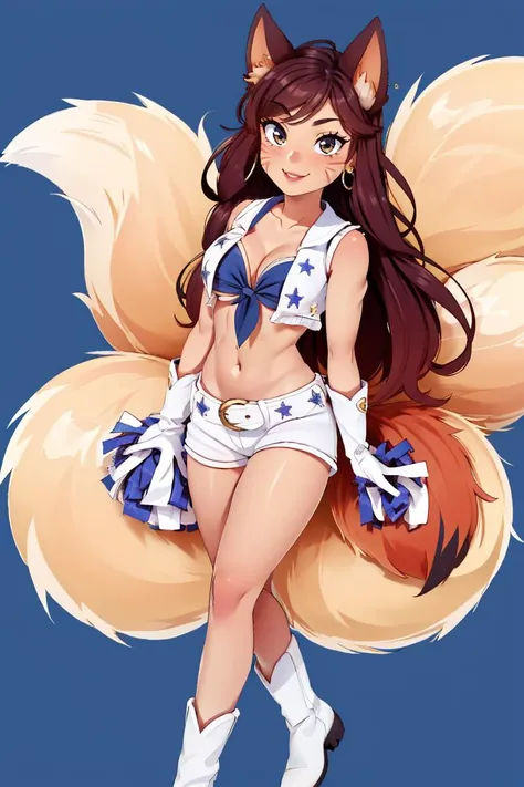 <lora:Puppypaww_Style:0.8>, <lora:Dallas_Cowboys_Cheerleaders_Anime:0.5>, Dallas_Cowboys_Cheerleaders, 1girl, solo, shorts, midriff, short shorts, navel, white shorts, tied shirt, front-tie top, crop top, boots, belt, cheerleader, vest, earrings, jewelry, gloves, white footwear,((masterpiece,best quality)), absurdres, ah1, facial mark, multiple tails, fox tails, cleavage,, <lora:ahri_v10:0.7>, cowboy shot, smile,