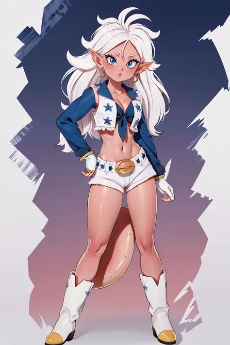 <lora:Puppypaww_Style:0.8>, <lora:Dallas_Cowboys_Cheerleaders_Anime:0.5>, Dallas_Cowboys_Cheerleaders, 1girl, solo, shorts, midriff, short shorts, navel, white shorts, tied shirt, front-tie top, crop top, boots, belt, cheerleader, vest, earrings, jewelry, gloves, white footwear,((masterpiece,best quality)), bbandro, white hair, long hair, messy hair, pointy ears, hoop earrings, blue eyes, pink skin, tail, medium breasts, dragon ball, <lora:android_21_v1:0.7>, standing, cowboy shot,