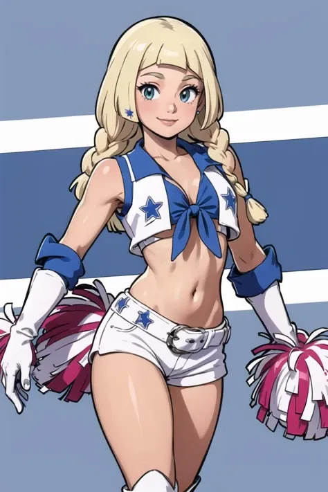 <lora:Dallas_Cowboys_Cheerleaders_Anime:0.5>, Dallas_Cowboys_Cheerleaders, 1girl, solo, shorts, midriff, short shorts, navel, white shorts, tied shirt, front-tie top, crop top, boots, belt, cheerleader, vest, earrings, jewelry, gloves, white footwear,((masterpiece,best quality)), aalillie, long hair, braid, <lora:lillie_(pokemon)_v1:0.7>, smile, cowboy shot