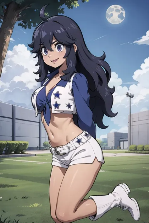 <lora:Dallas_Cowboys_Cheerleaders_Anime:0.5>, Dallas_Cowboys_Cheerleaders, 1girl, solo, shorts, midriff, short shorts, navel, white shorts, tied shirt, front-tie top, crop top, boots, belt, cheerleader, vest, earrings, jewelry, gloves, white footwear,((masterpiece,best quality)), aahex, hex maniac \(pokemon\), smile, long hair, ahoge, purple eyes, @_@, large breasts, <lora:hex_maniac_v1:0.7>, arms behind back, outdoors, full moon,