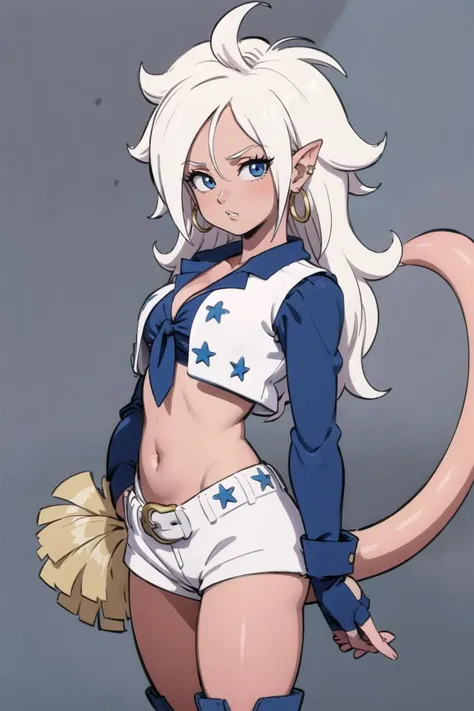 <lora:Dallas_Cowboys_Cheerleaders_Anime:0.5>, Dallas_Cowboys_Cheerleaders, 1girl, solo, shorts, midriff, short shorts, navel, white shorts, tied shirt, front-tie top, crop top, boots, belt, cheerleader, vest, earrings, jewelry, gloves, white footwear,((masterpiece,best quality)), bbandro, white hair, long hair, messy hair, pointy ears, hoop earrings, blue eyes, pink skin, tail, medium breasts, dragon ball, <lora:android_21_v1:0.7>, standing, cowboy shot,