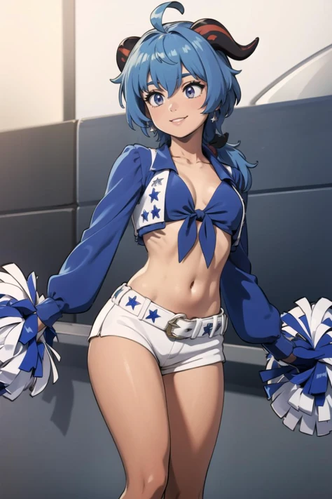 <lora:Dallas_Cowboys_Cheerleaders_Anime:0.5>, Dallas_Cowboys_Cheerleaders, 1girl, solo, shorts, midriff, short shorts, navel, white shorts, tied shirt, front-tie top, crop top, boots, belt, cheerleader, vest, earrings, jewelry, gloves, white footwear,((masterpiece,best quality)), absurdres, <lora:ganyu_v1:0.7>, aaganyu, long hair, low ponytail, ahoge, horns, cowboy shot, smile,