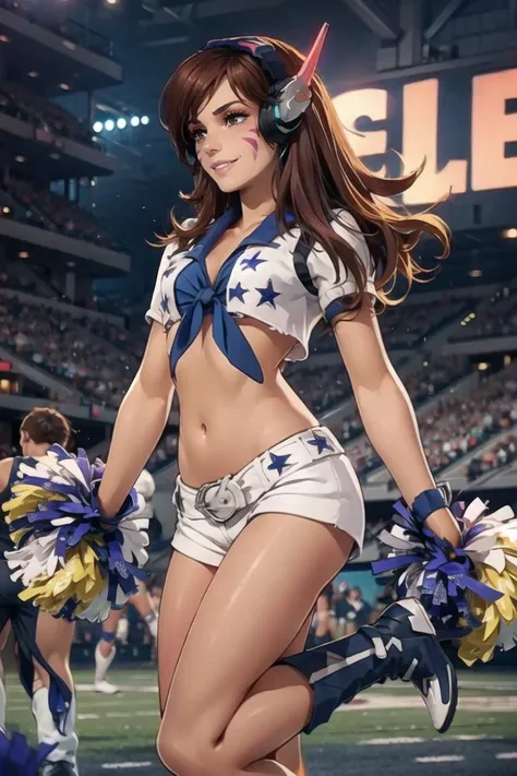 <lora:Dallas_Cowboys_Cheerleaders_Anime:0.6>, Dallas_Cowboys_Cheerleaders, 1girl, solo, shorts, midriff, short shorts, navel, white shorts, tied shirt, front-tie top, crop top, boots, belt, cheerleader, vest, earrings, jewelry, gloves, white footwear,((masterpiece,best quality)), aahana, long hair, brown hair, headphones, whisker markings, <lora:d.va_v1:0.8>, cowboy shot, smile,