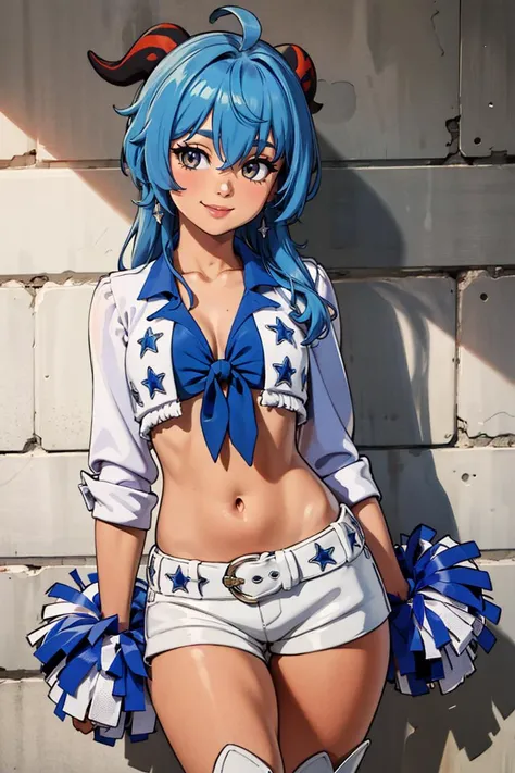 ((masterpiece,best quality)), absurdres,
<lora:Dallas_Cowboys_Cheerleaders_Anime:0.5>, Dallas_Cowboys_Cheerleaders,
1girl, solo, shorts, midriff, short shorts, navel, white shorts, tied shirt, front-tie top, crop top, boots, belt, cheerleader, vest, earrings, jewelry, gloves, white footwear,
<lora:ganyu_v1:0.7>, aaganyu, long hair, low ponytail, ahoge, horns,
solo, smiling, looking at viewer, cowboy shot,