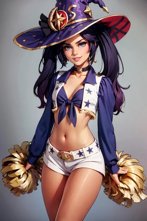 <lora:Dallas_Cowboys_Cheerleaders_Anime:0.6>, vivid colors, Dallas_Cowboys_Cheerleaders, 1girl, solo, shorts, midriff, short shorts, navel, white shorts, tied shirt, front-tie top, crop top, boots, belt, cheerleader, vest, earrings, jewelry, gloves, white footwear,((masterpiece,best quality)), absurdres, <lora:mona_v1:0.7>, aamona, long hair, twintails, hair ornament, black ribbon, earrings, witch hat, purple headwear, choker, cowboy shot,  smile,