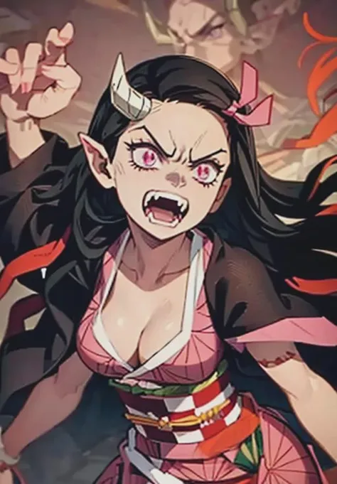 <lora:Nezuko:0.8>, Nezuko_demon, angry, teeth, fangs, (gorgeous, beautiful, enchanting:1.3)